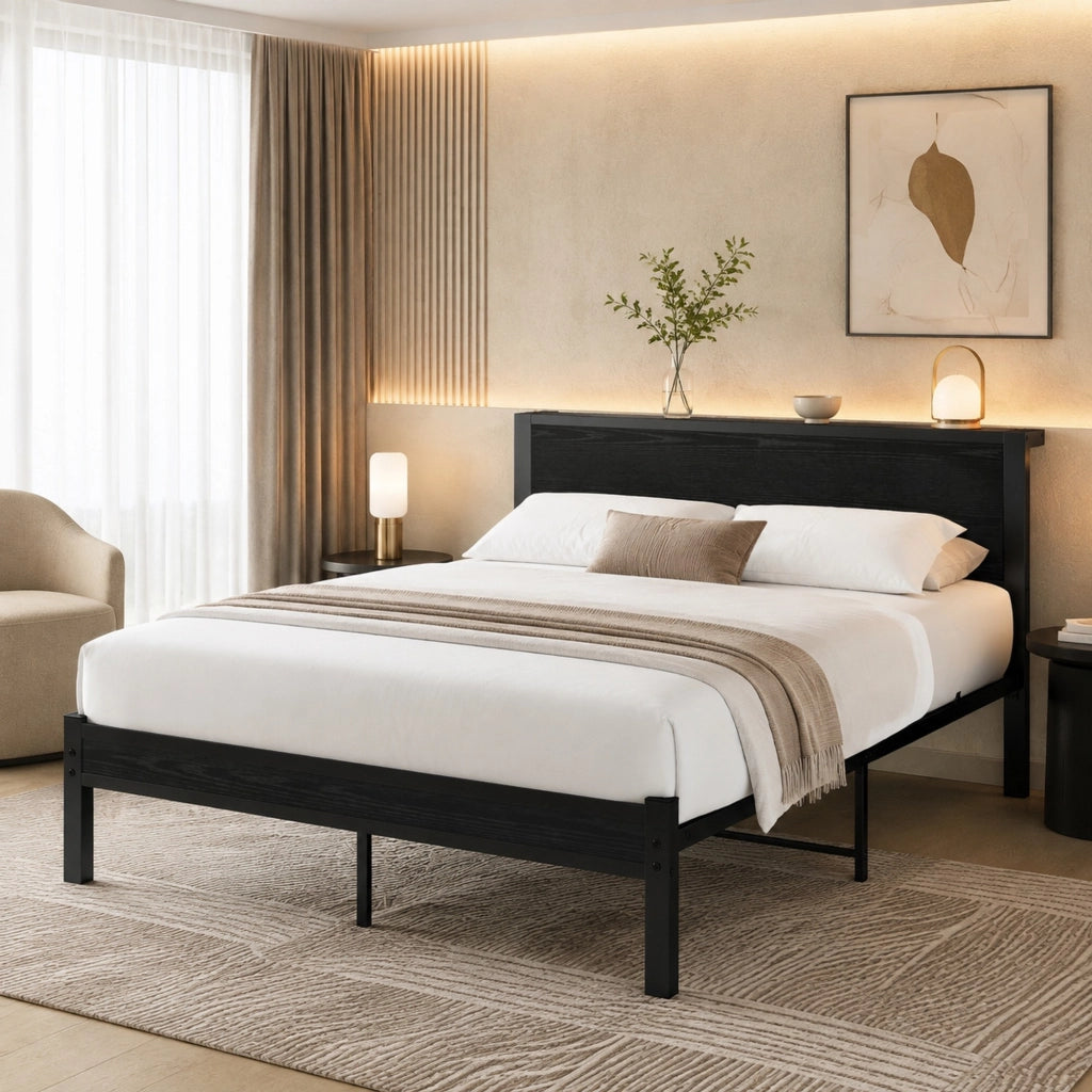LETTO Singolo 140x200 cm in MDF e Metallo Nero con spazio contenitore