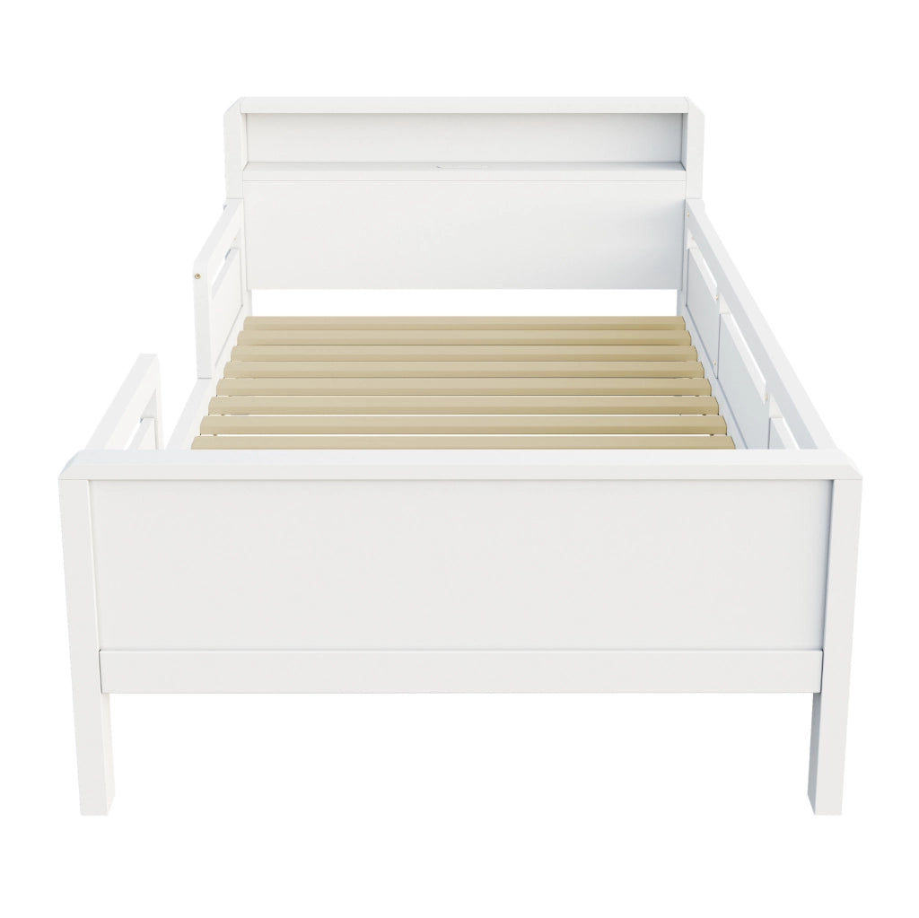 Letto per bambini 90x200 cm con LED; presa USB e Tape-C; testiera con ripiano in legno bianco