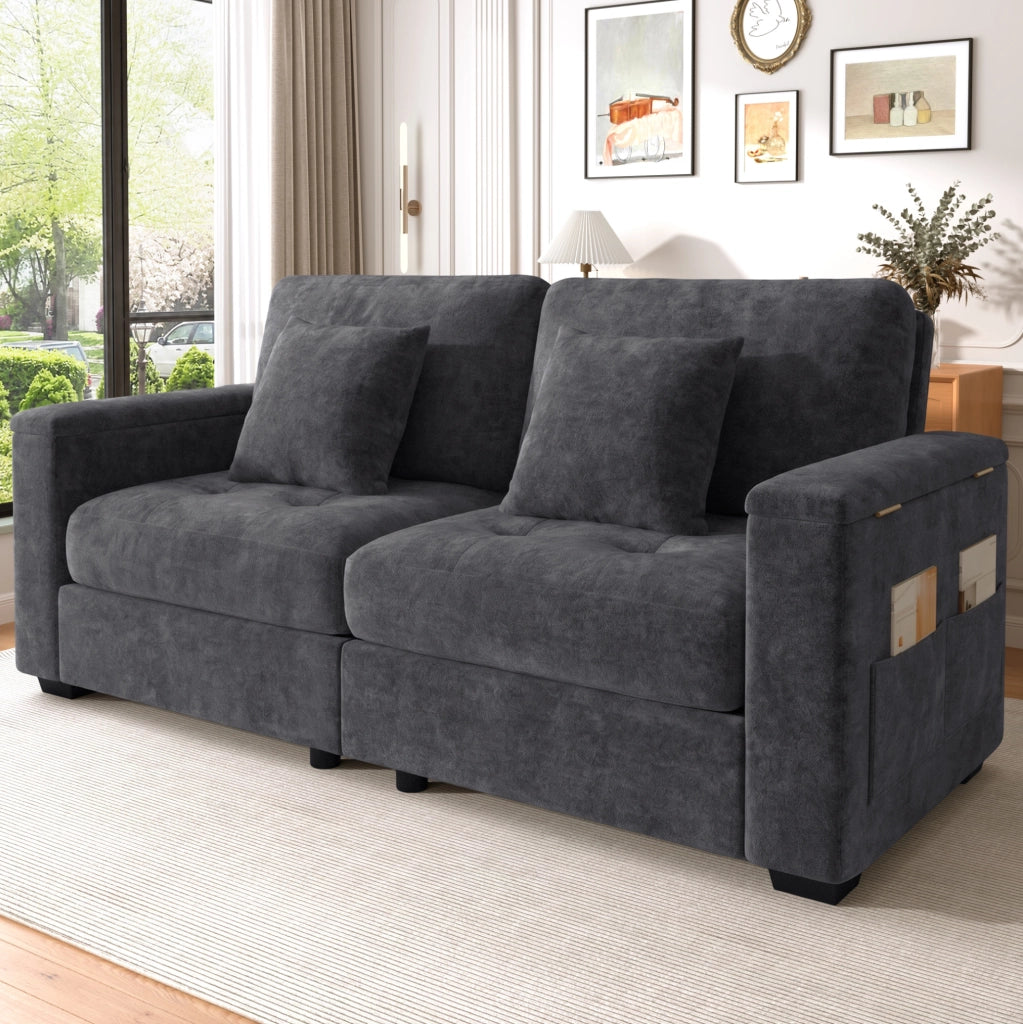Divano 2 posti moderno in chenille grigio scuro con contenitore nei braccioli e cuscini