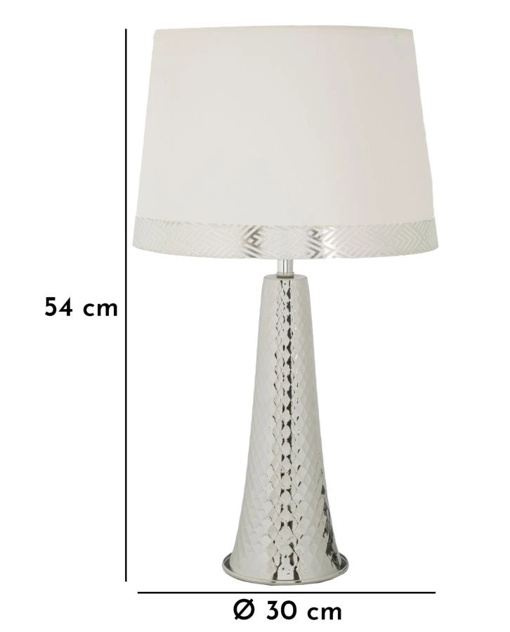 Lampada da Tavolo Tower Argento Ø30x54 cm in Ferro e Tessuto Argento e Bianco