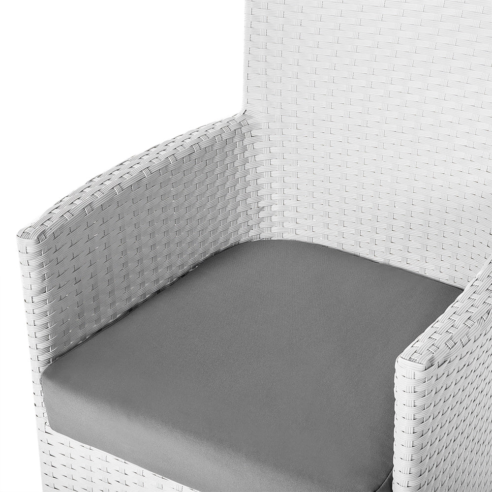 Set di 2 sedie da pranzo da giardino bianche con cuscino in finto rattan grigio. per esterni