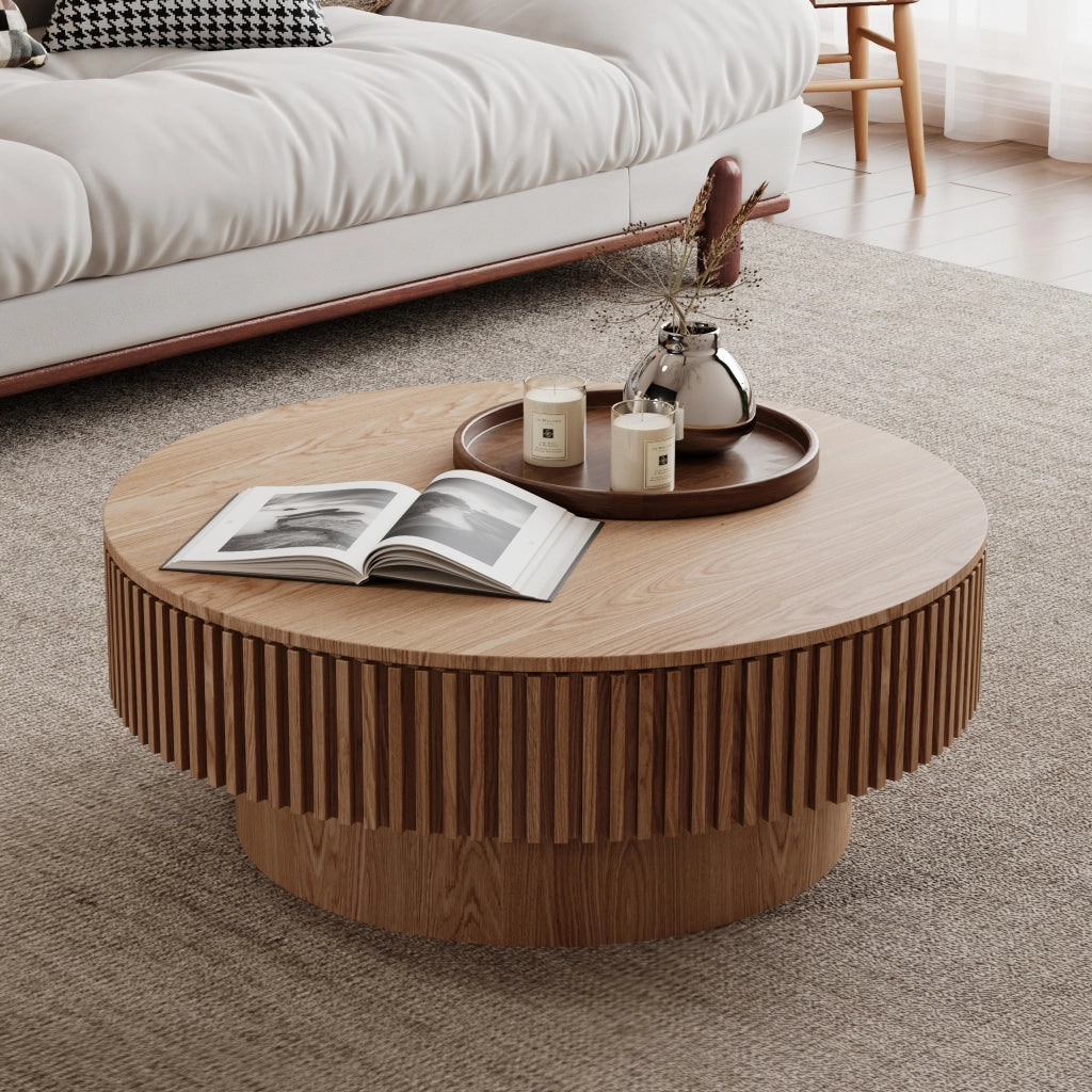 Tavolino basso contenitore rotondo con vano interno, in MDF e impiallacciatura effetto legno, per soggiorno, 75 cm