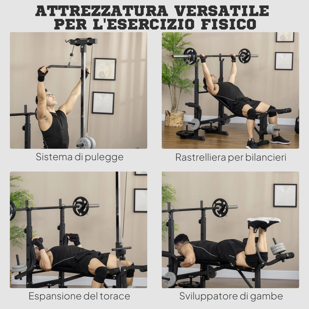 Panca Fitness con Leg Press, Squat Rack e Leg Extension, in Acciaio e PU, 180x134x200 cm, Nero e Argento