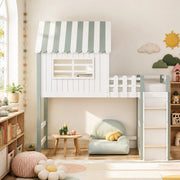 Letto per bambini a casetta 90x200 cm con scala di sicurezza e rete a doghe; legno massello verde