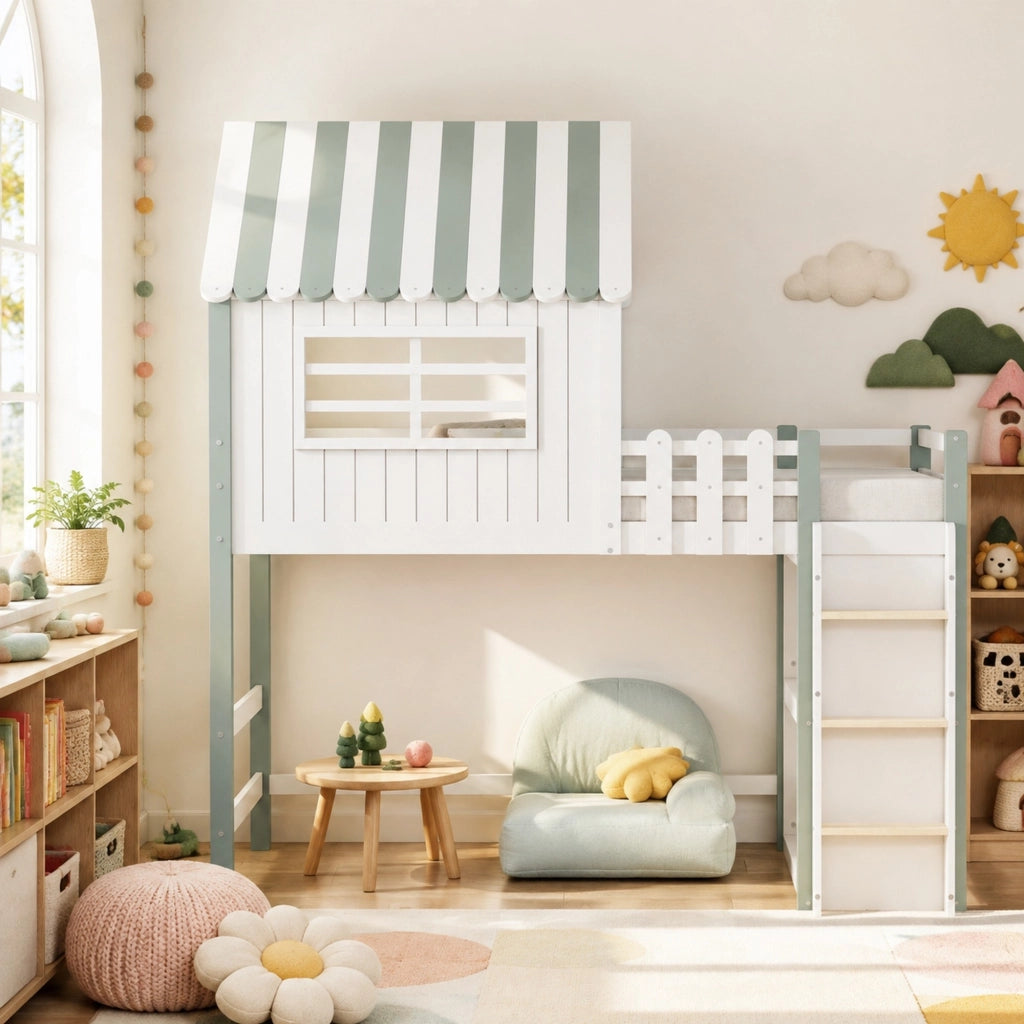 Letto per bambini a casetta 90x200 cm con scala di sicurezza e rete a doghe; legno massello verde