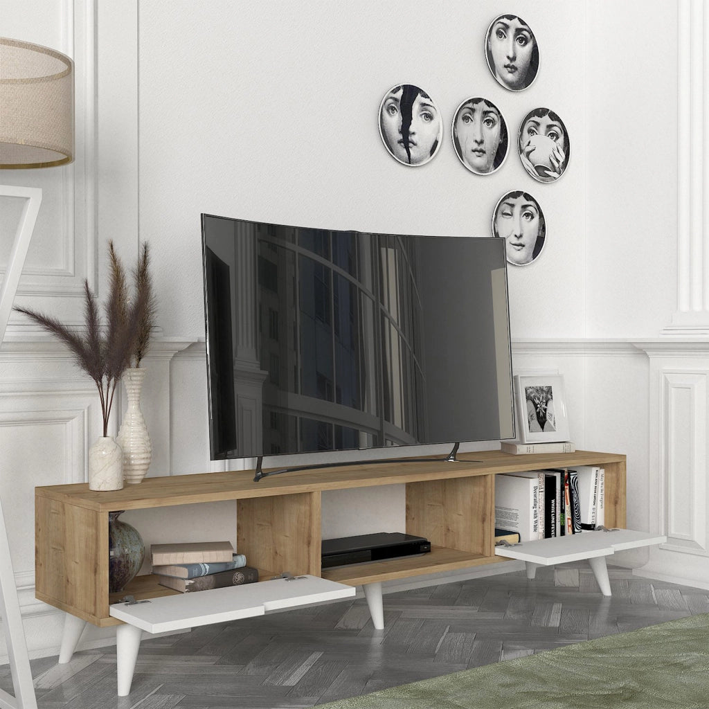 Mobile TV Kullila con Vano Centrale Aperto e Ante a Ribalta - Effetto Rovere / Bianco [en.casa]