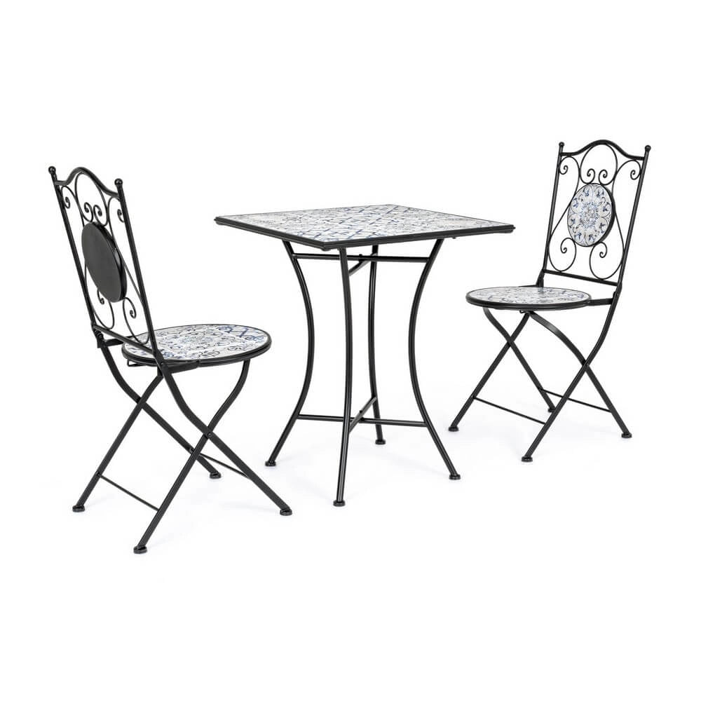 Set da 3 pezzi tavolo quadrato e sedie pieghevoli in acciaio con ceramica da esterno - BYZANTINE