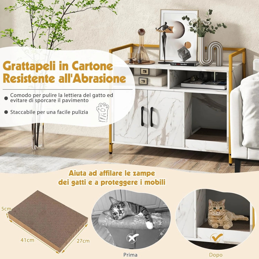 Mobile per Lettiera Gatti con Ripiani Aperti e Ripiani Chiusi con Maniglie, Mobiletto Multiuso in Legno e Metallo, Ideale per Ingresso e Soggiorno, Portata 50 kg (Bianco+Nero)