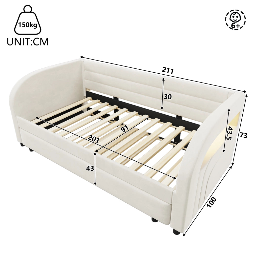 Letto Estraibile 90x200 cm; LED; con letto estraibile - in Flanella - Beige