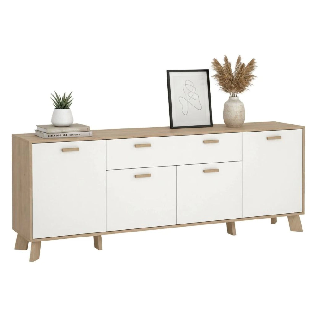 Credenza Wukong, Buffet da soggiorno, Madia da salotto, Dispensa da cucina, 196x39 h73 cm, Rovere e Bianco