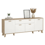 Credenza Wukong, Buffet da soggiorno, Madia da salotto, Dispensa da cucina, 196x39 h73 cm, Rovere e Bianco