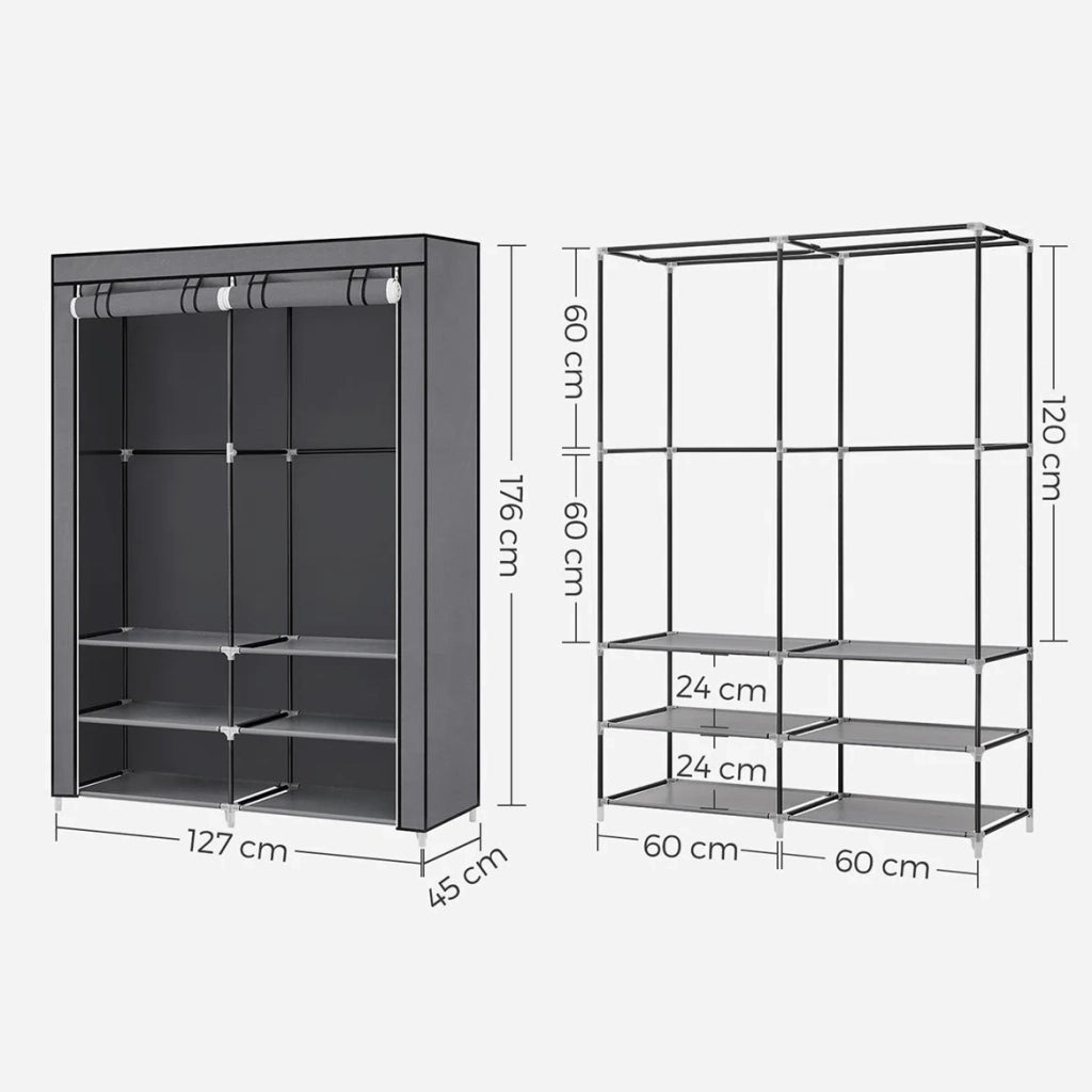 Armadio da camera in tessuto appendiabiti 45 x 127 x 176 cm 2 scomparti appendiabiti con ripiani 4 tasche grande capacità camera da letto/soggiorno grigio 12_0003966