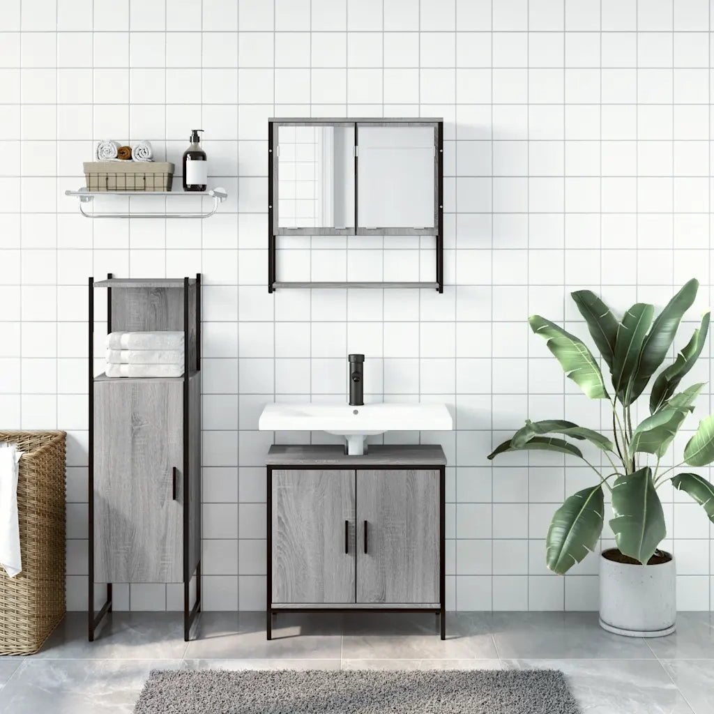 Set Mobili da Bagno | Armadio da bagno 3 pz Grigio Sonoma in Legno Multistrato