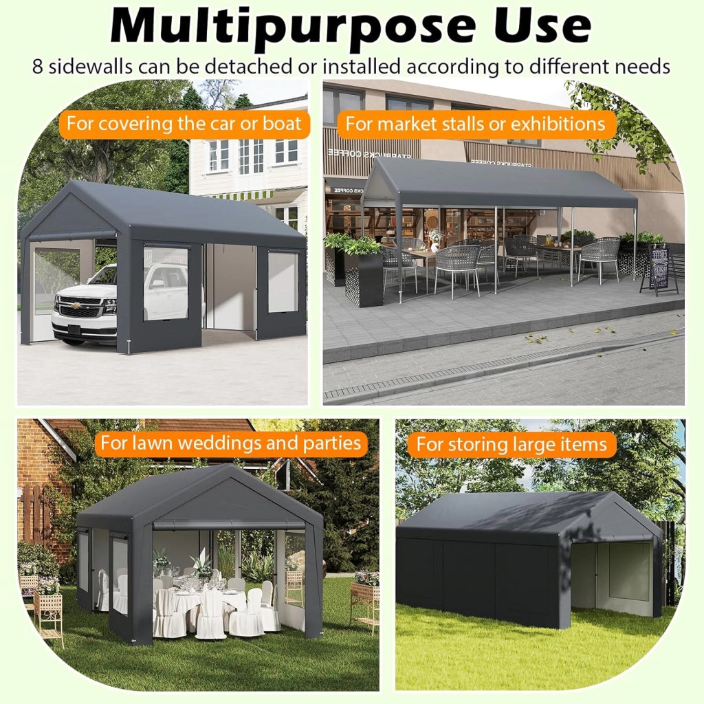 Tenda Garage Auto Esterno 300 X 595 X 280 CM, Tettoia per Auto con Telaio in Metallo e Copertura in PE Resistente alle Intemperie, Capanno da Giardino per Vehicolo, Biciclette, Moto, Attrezzi
