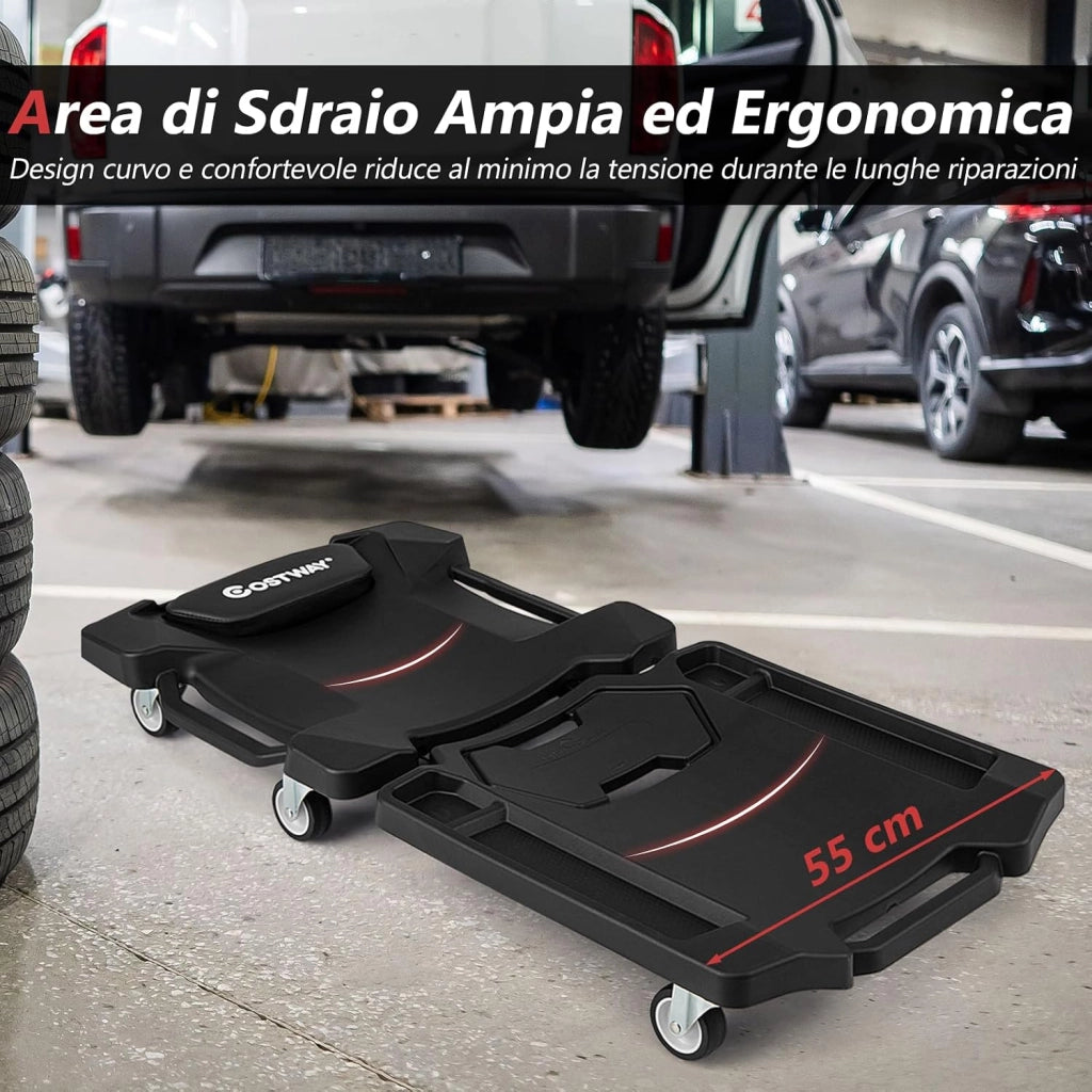 COSTWAY Carrello Sotto Auto Pieghevole, Lettino Sottomacchina da Meccanico con Poggiatesta Imbottito e Vassoio Portautensili, Portata 158 kg, Sdraio da Officina con Ruote per Garage e Riparazioni Auto