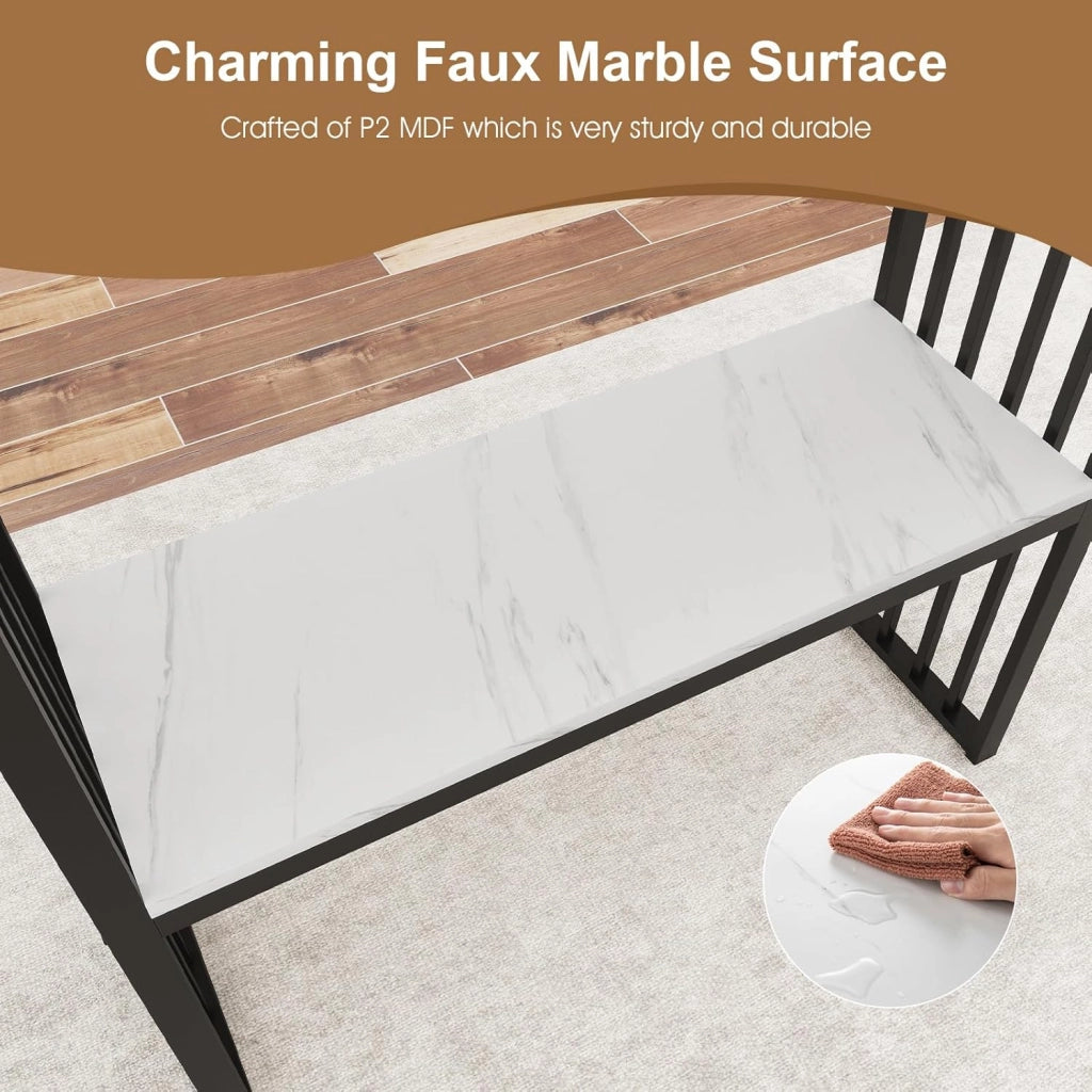 Tavolo Console da ingresso, 120 x 29,5 x 92,5 cm, piano in finto marmo e telaio in metallo, tavolino ausiliario con 2 ripiani, risparmio di spazio, tavolo da soggiorno, corridoio (bianco+nero)