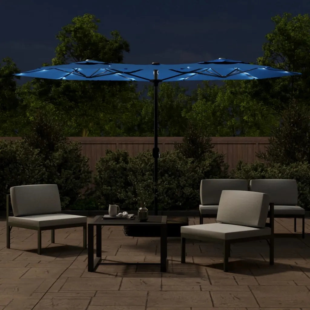 Ombrellone a Doppia Testa con LED Azzurro 316x145 cm 362976