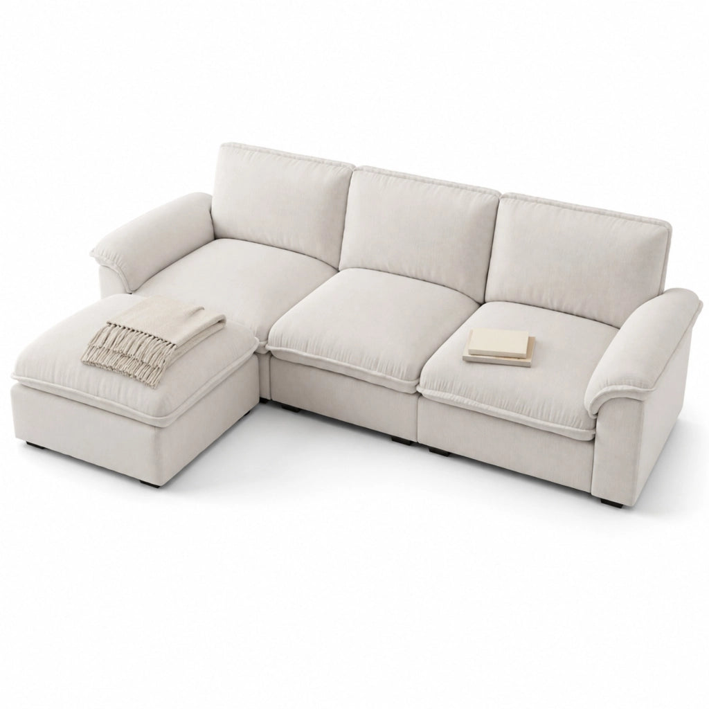 Divano modulare 4 posti con ottomana; struttura robusta in ciniglia beige
