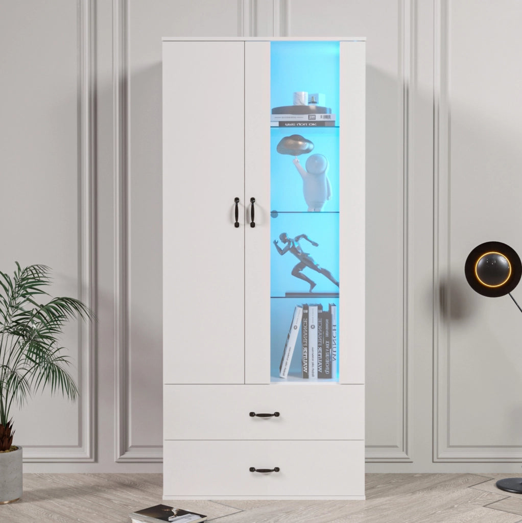 Vetrina alta bianca con LED RGB, 2 ante e 2 cassetti, 59,5 x 35 x 182 cm
