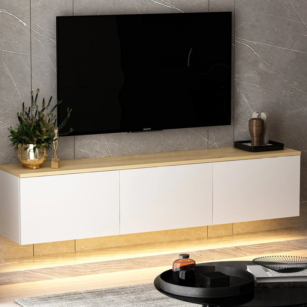 Mobile TV a parete in legno con illuminazione LED "Neon" - 160 x 32 x 35 cm - Bianco