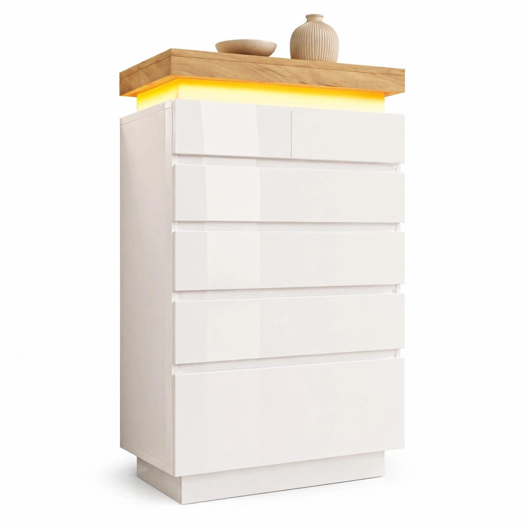 Comodino alto lucido con 6 cassetti e LED, credenza multiuso in bianco 115 x 73 x 39 cm