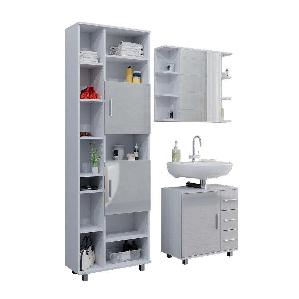 Vicco Set mobili bagno Bianco lucido 3 parti, con armadio alto