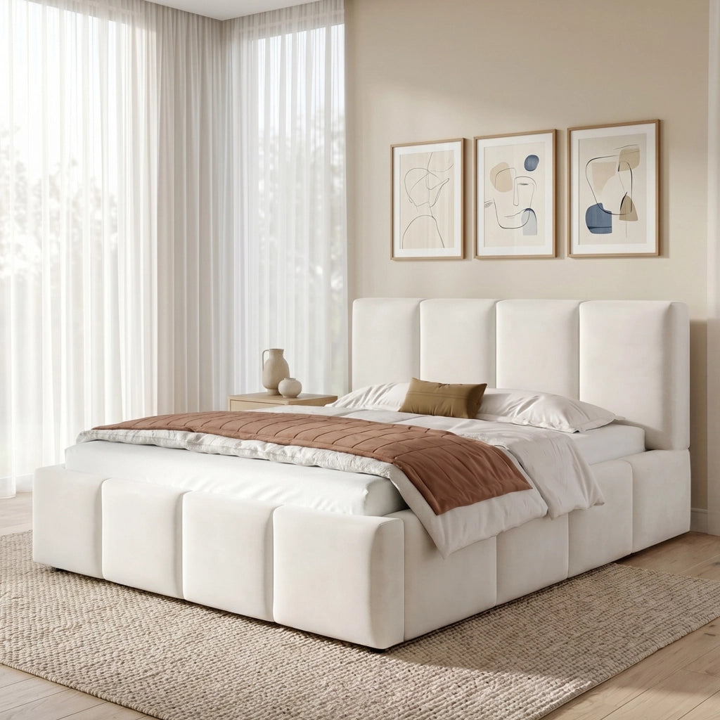 Letto per adulti 180 × 200 cm con testiera imbottita, rete inclusa, senza materasso, beige