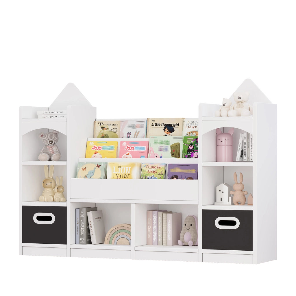 Libreria per bambini con 2 scatole pieghevoli, design a castello, bianco, MDF