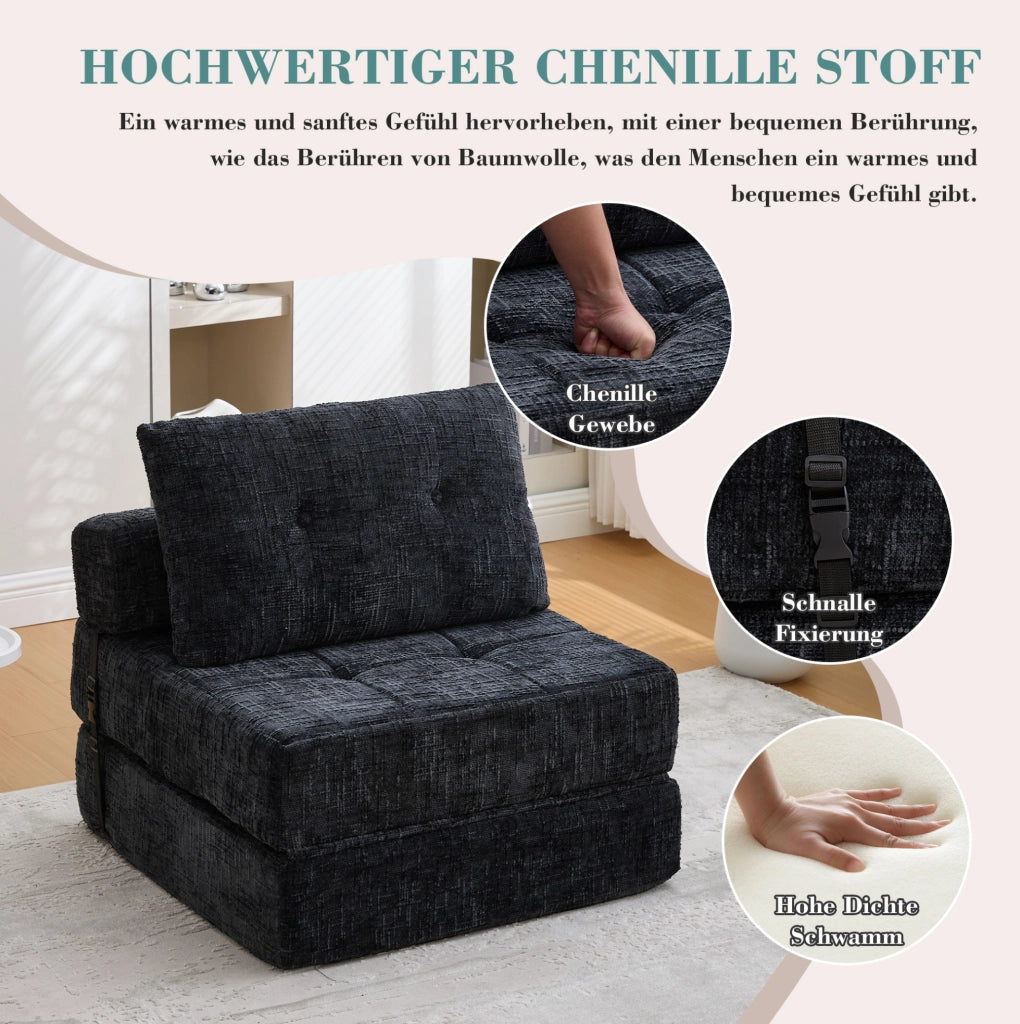 Divano letto pieghevole 79x180 cm in chenille nero con cuscini testa e lombari