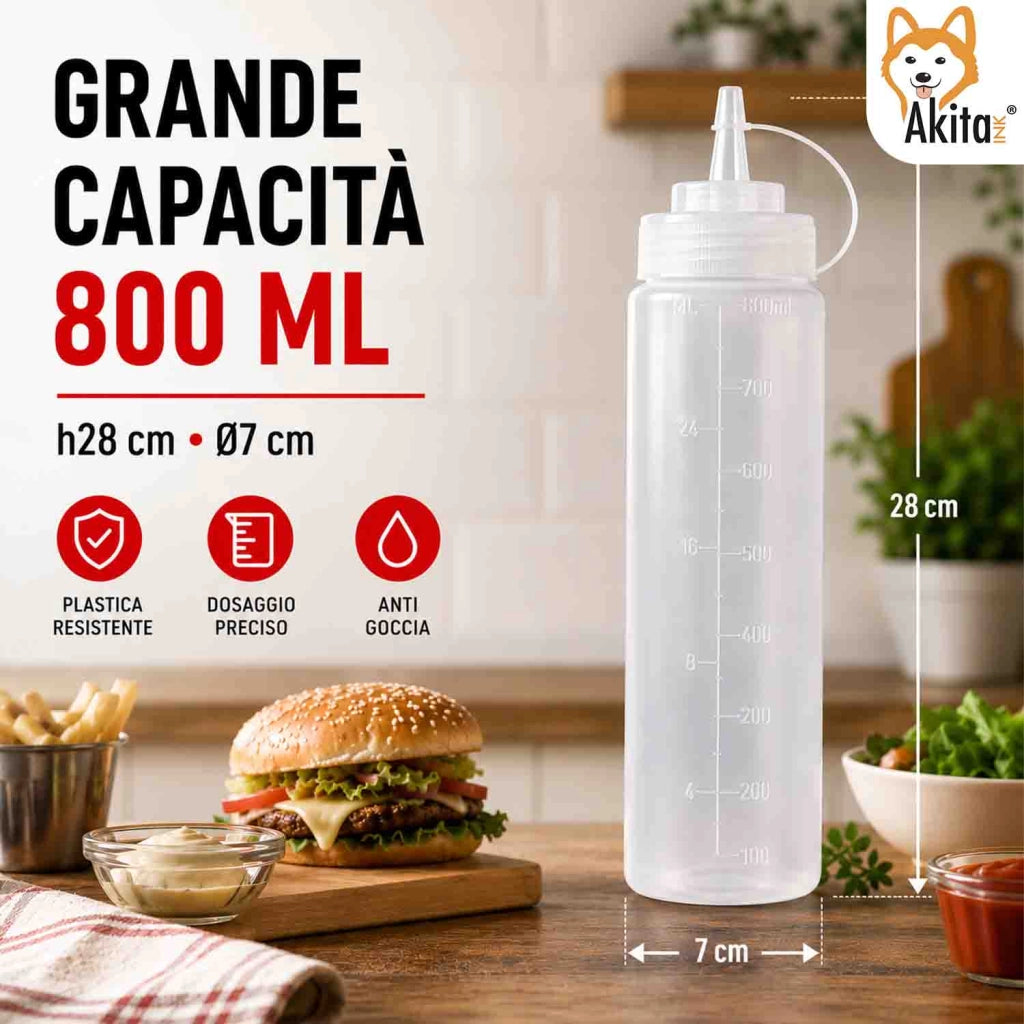 Akitaink Set 4 Bottiglie Squeeze per Salse 800 ml Dosatrici
