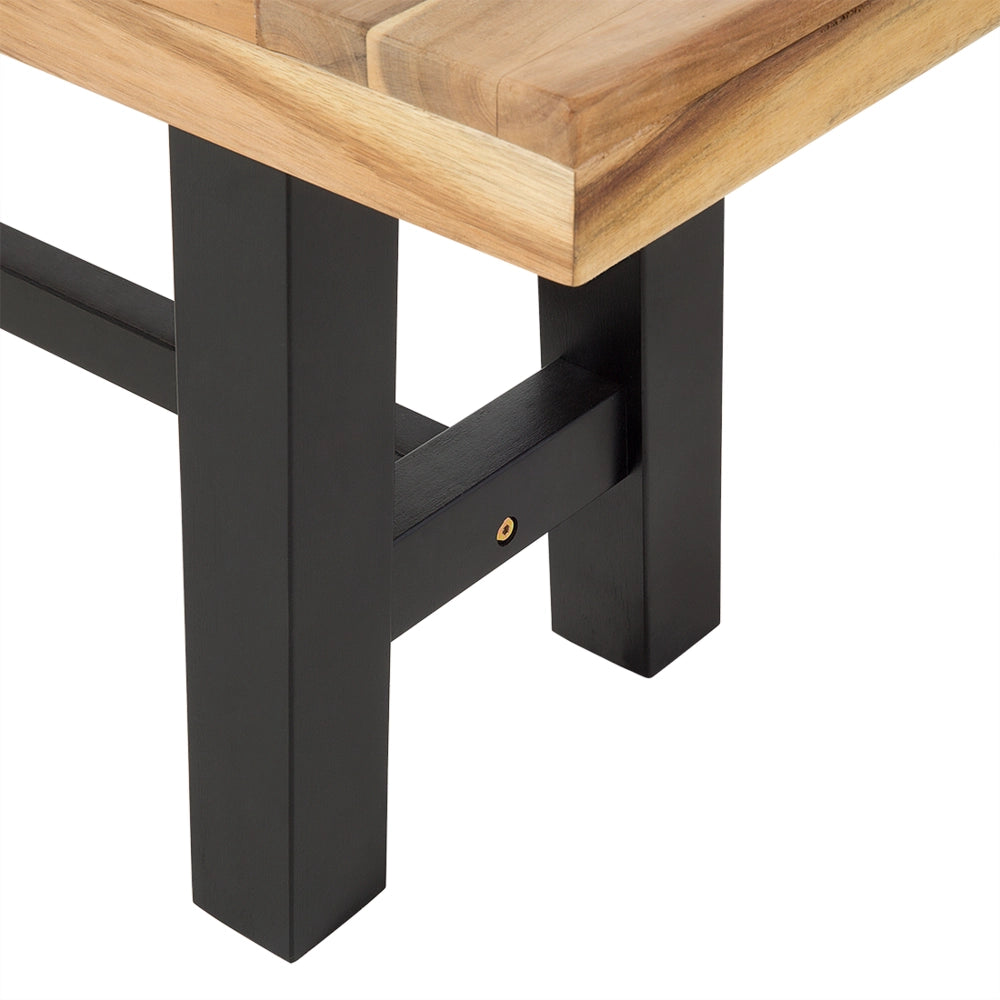 Set da pranzo da giardino Piano in legno chiaro Gambe nere da esterno 3 pezzi Tavolo rettangolare in legno di acacia 2 panche
