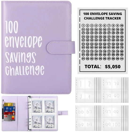 100 buste A5, budgetario con buste trasparenti e chiusura magnetica $ 50-50, organizzatore di budget risparmiatore sfida di risparmio per casa, scuola (blu)
