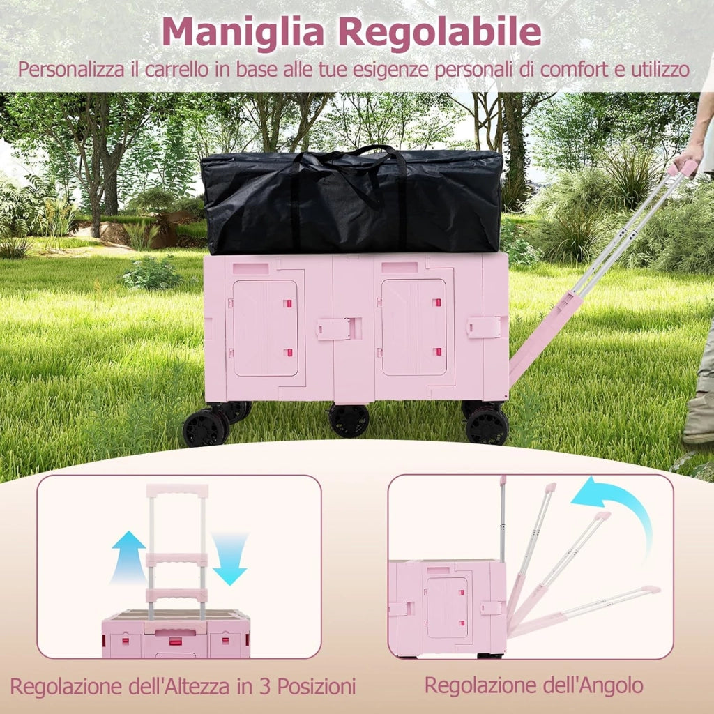Carrello da Spiaggia Pieghevole 150 L, Carrello con Ruote Portatutto con Armadio a 2 Livelli e Manico Telescopico in Metallo, Carretto Giardino Portatile per Campeggio, Portata 120 kg (Rosa)