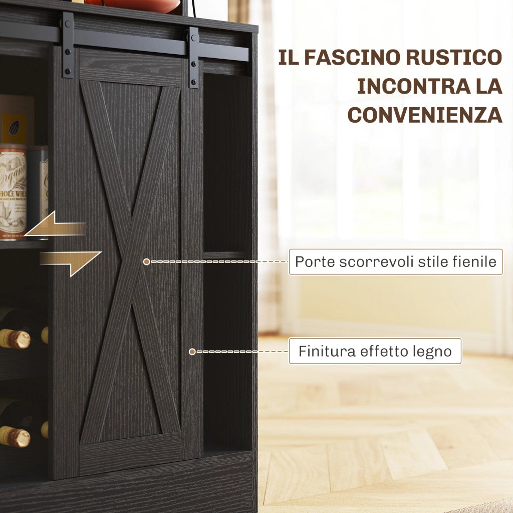 Credenza da Cucina Alta Stile Rustico con 2 Armadietti. Portabottiglie. Prese di Ricarica e Luci LED. Nero