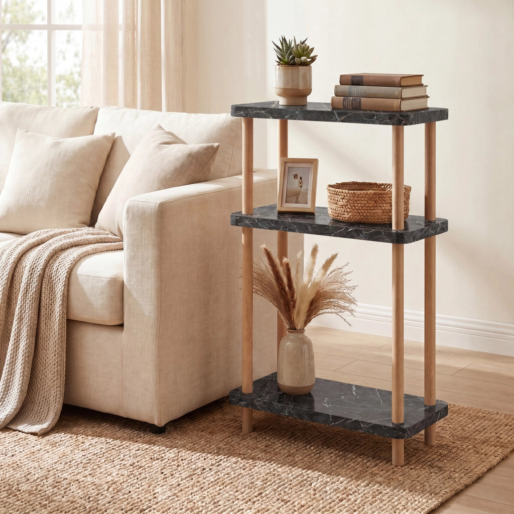 Scaffale da Terra Multiuso Nampernu a 3 Piani 62 x 40 x 18 cm - Effetto Marmo Nero [en.casa]