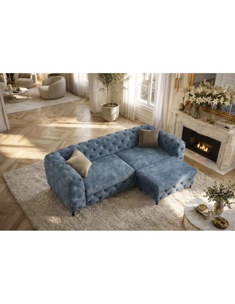 Divano dritto VELENA 3 posti in velluto trapuntato - Blu - 235 x 74 x 95 cm