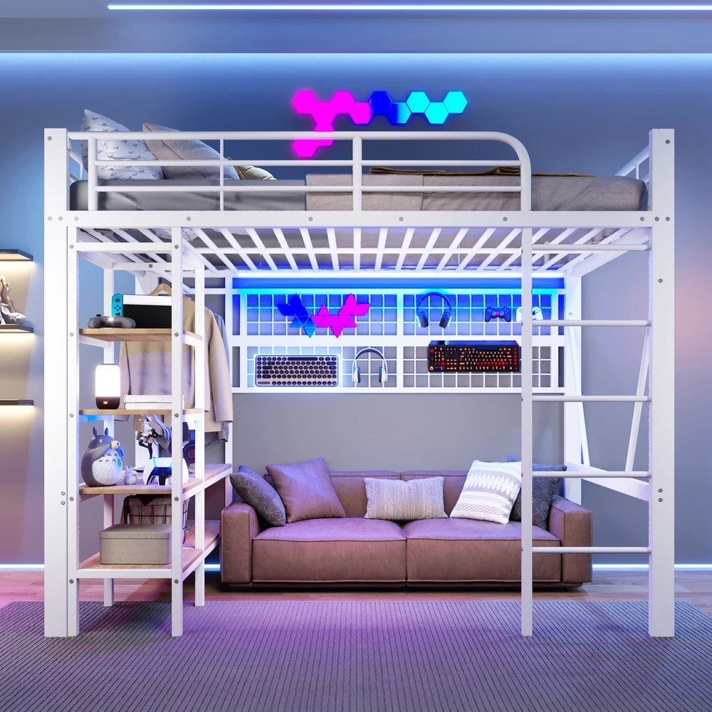 Letto a Soppalco con LED, Cassetti e Struttura in Metallo ¨C Xylo ¨C 140x200 cm, Bianco