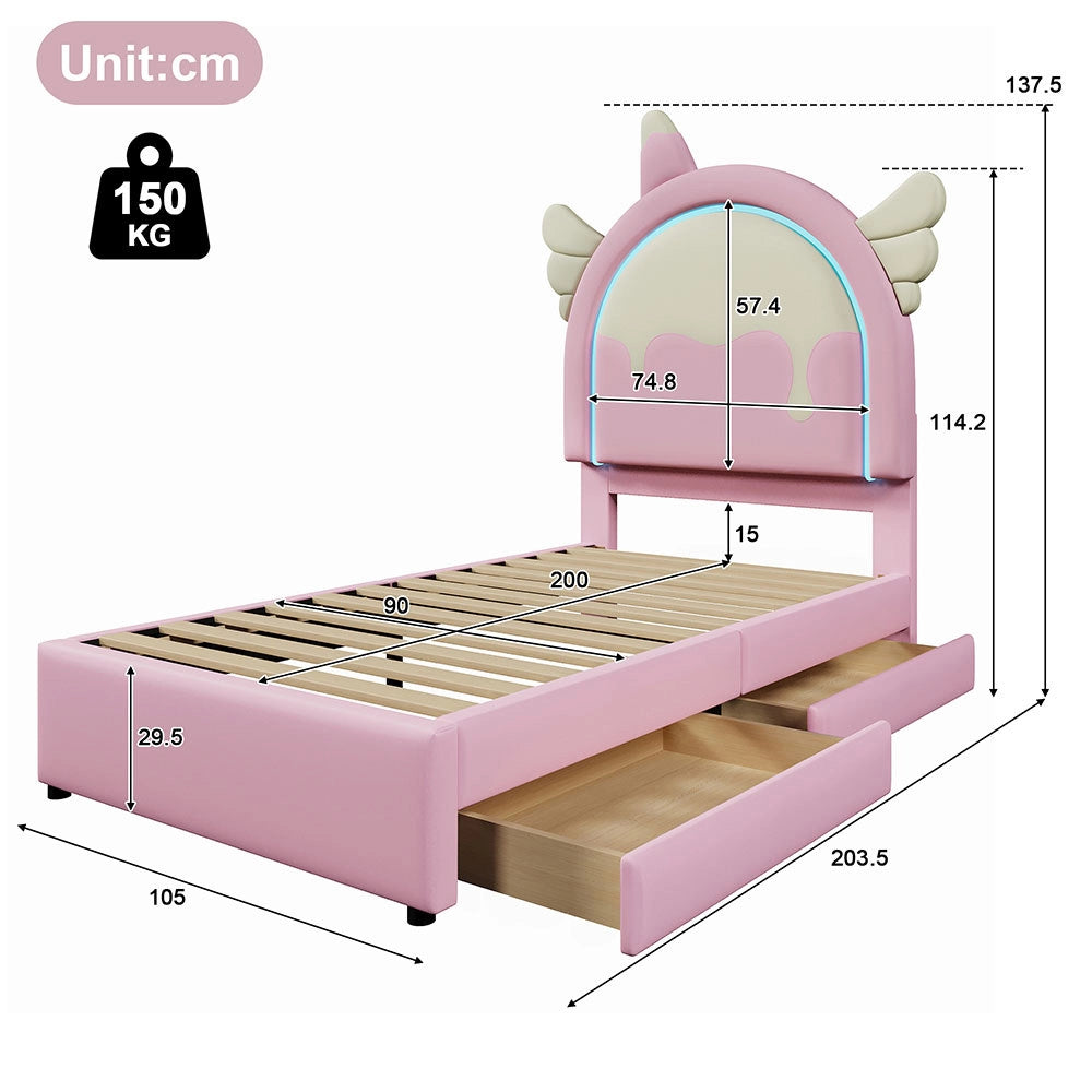 Letto bambino-Xylo-90x200 cm-2 cassetti, LED, forma unicorno, PU rosa