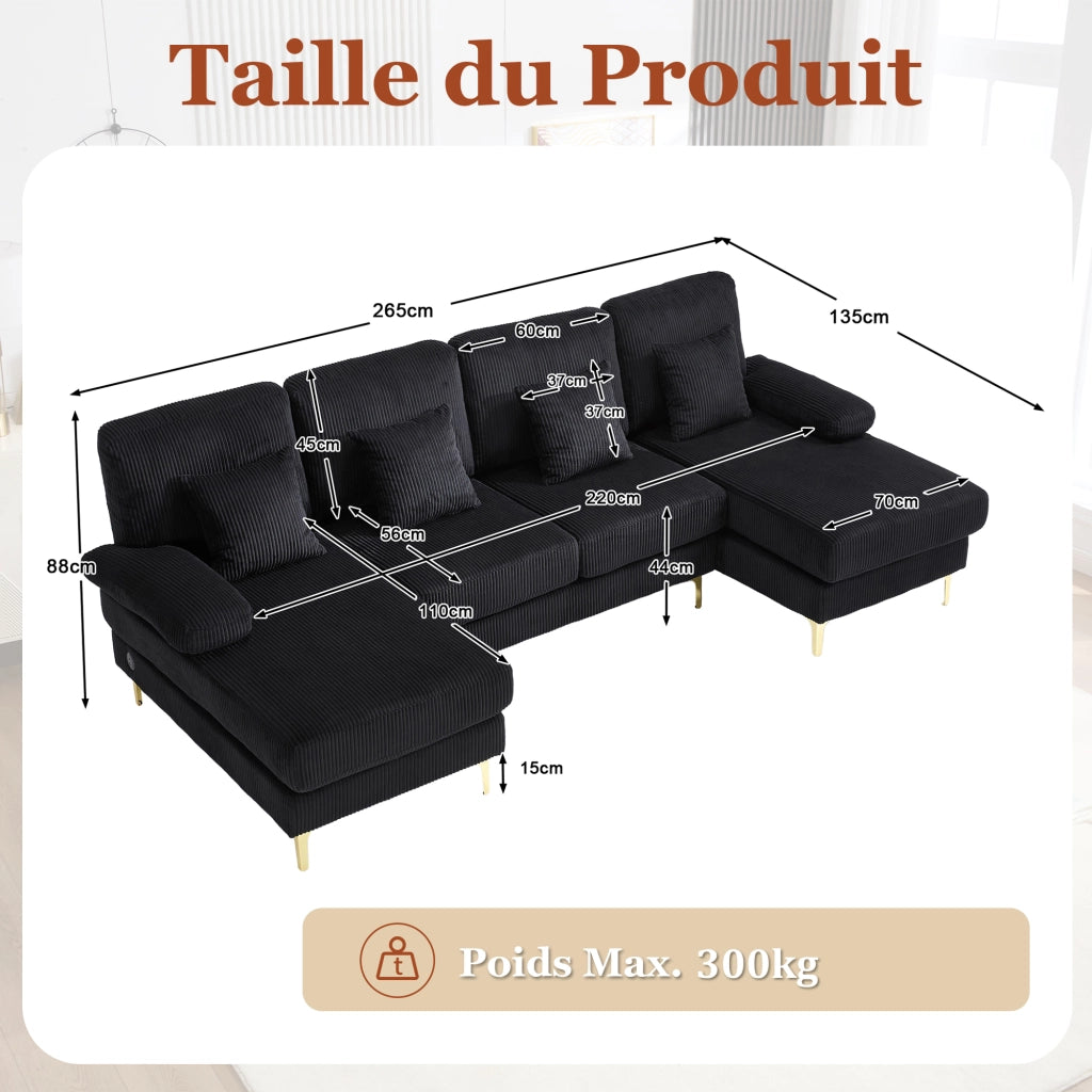 OKWISH Divano Panoramico a U, Porta USB e Illuminazione LED, Schienale Ergonomico, Cuscini Imbottiti, Velluto Nero