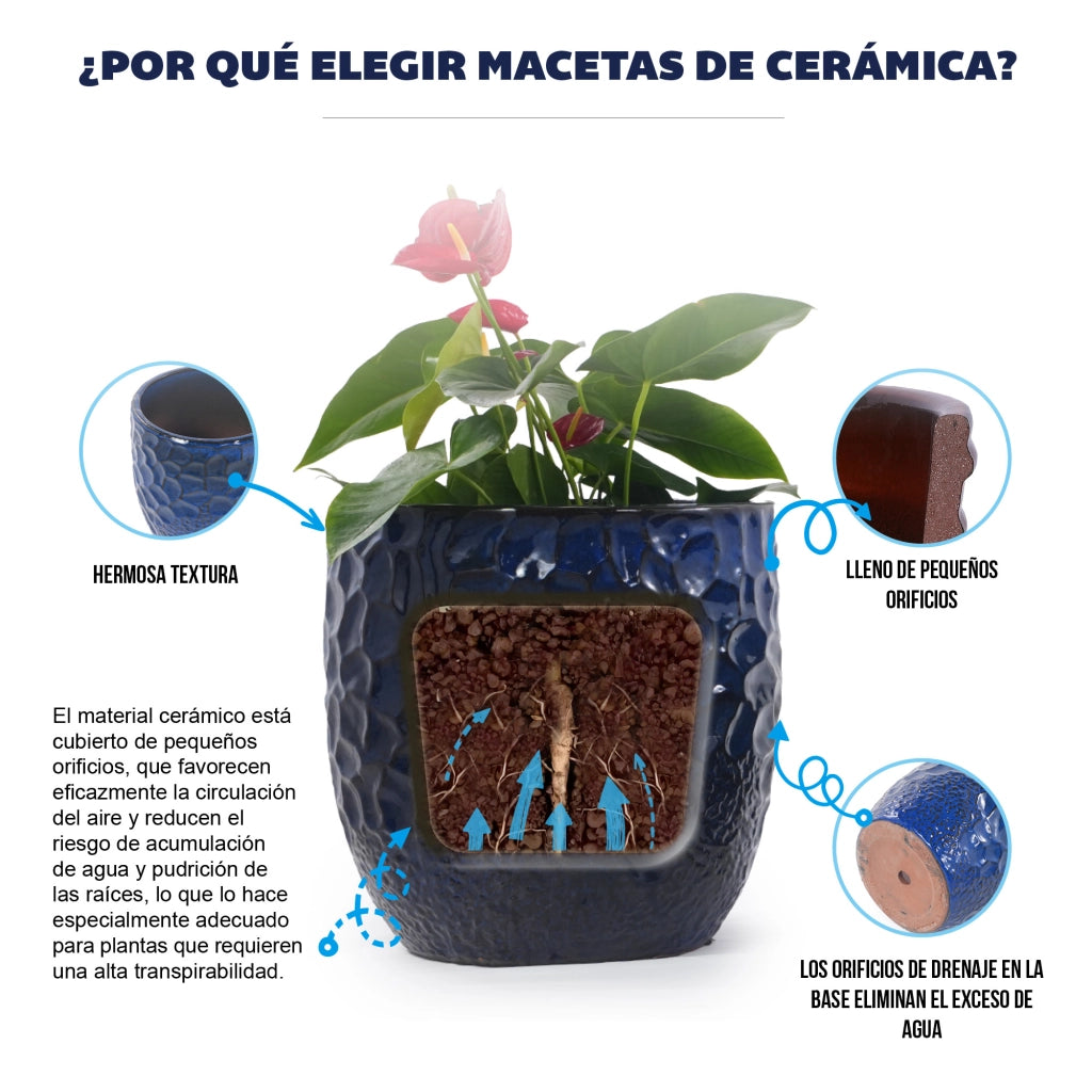 Semenzaio da giardino in ceramica blu navy con rilievo martellato e foro di drenaggio Ø 18 cm