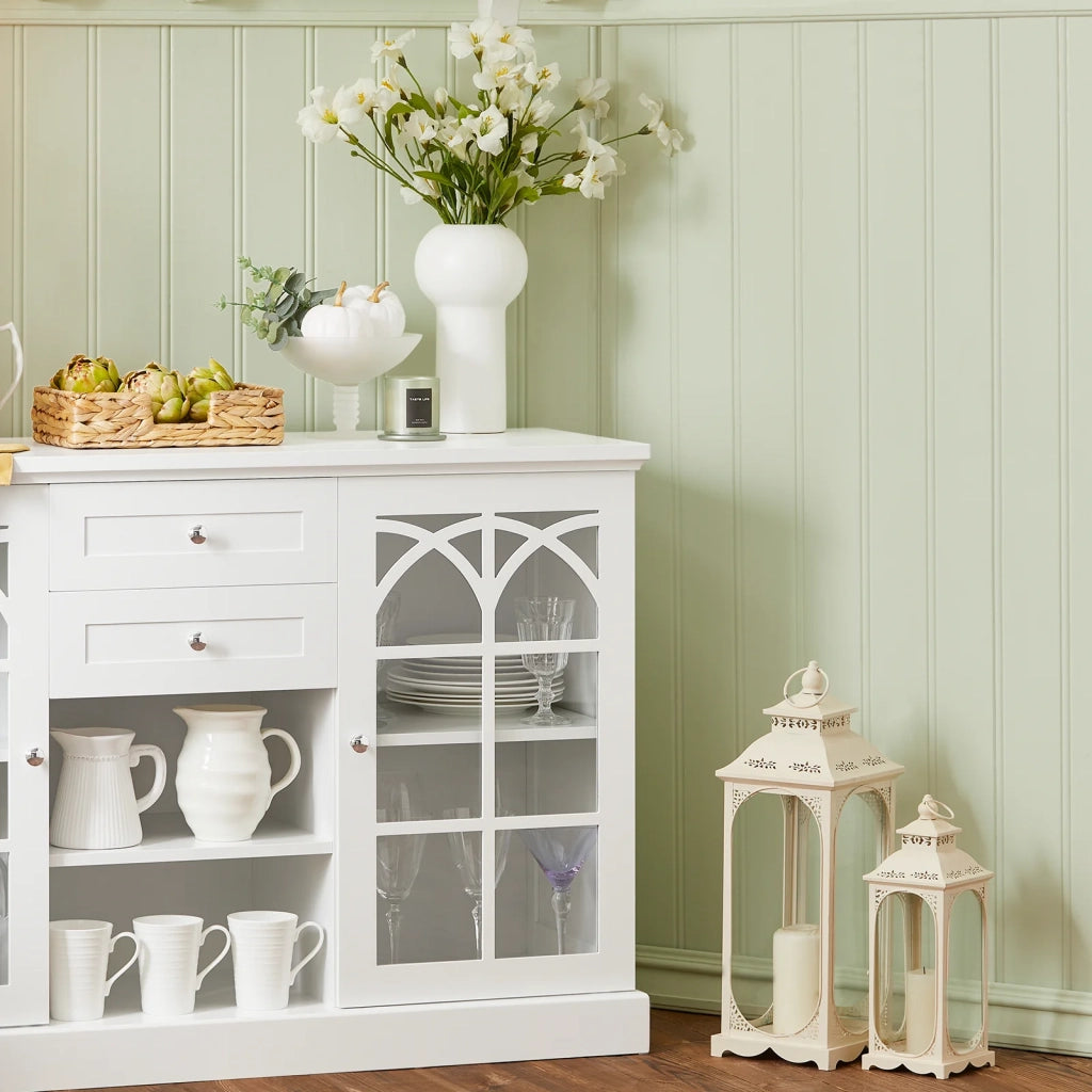 Credenza con 2 ante in vetro e 2 cassetti, Mobile da cucina, Mobile da soggiorno, Buffet, Mobile contenitore, Bianco, 120x39x78cm FSB79-W SoBuy