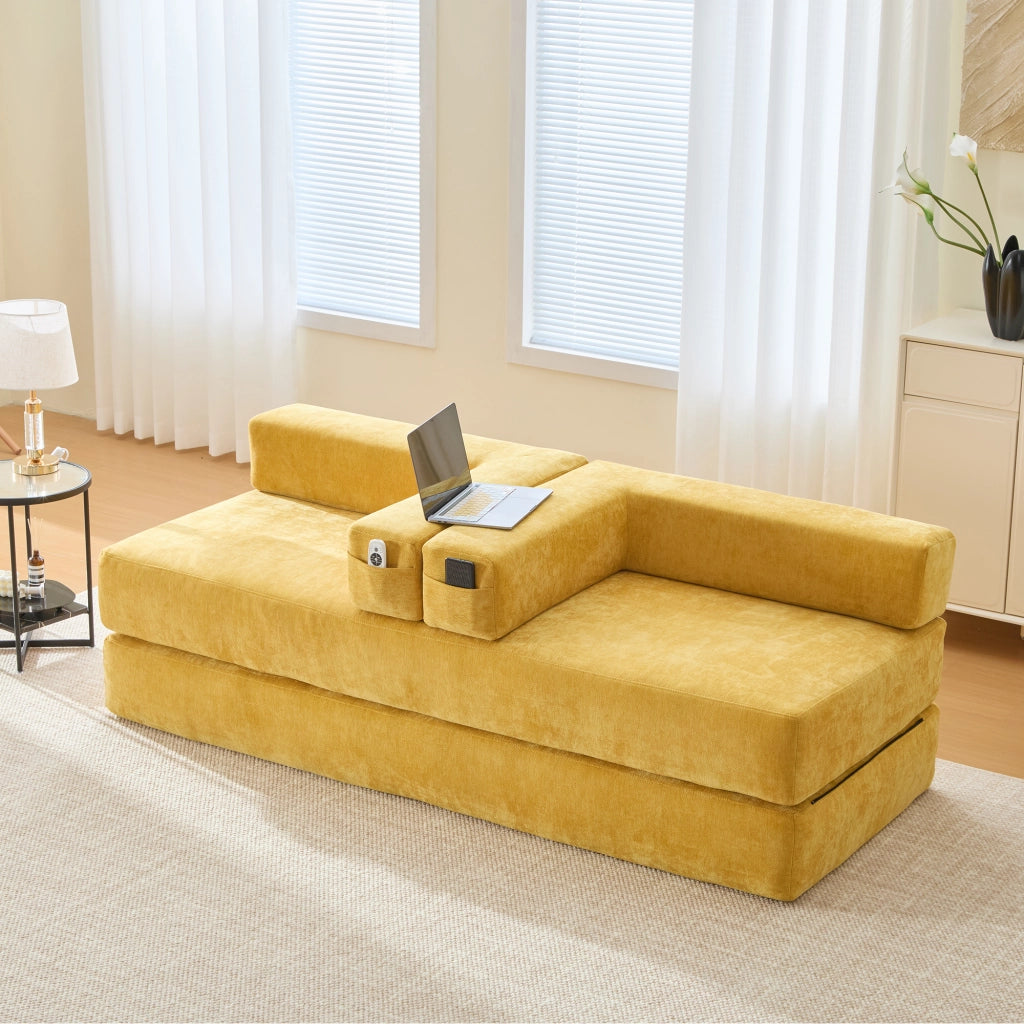 Divano modulare in ciniglia con tasche laterali, base antiscivolo e montaggio rapido, giallo senape 198 × 79 × 60 cm