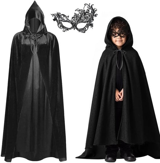 Cappotto con cappuccio - Vampiro in velluto - Costume Halloween per bambini - Unisex - Maschera - Disegno medievale - 110 cm Collo fino al collo - Costume