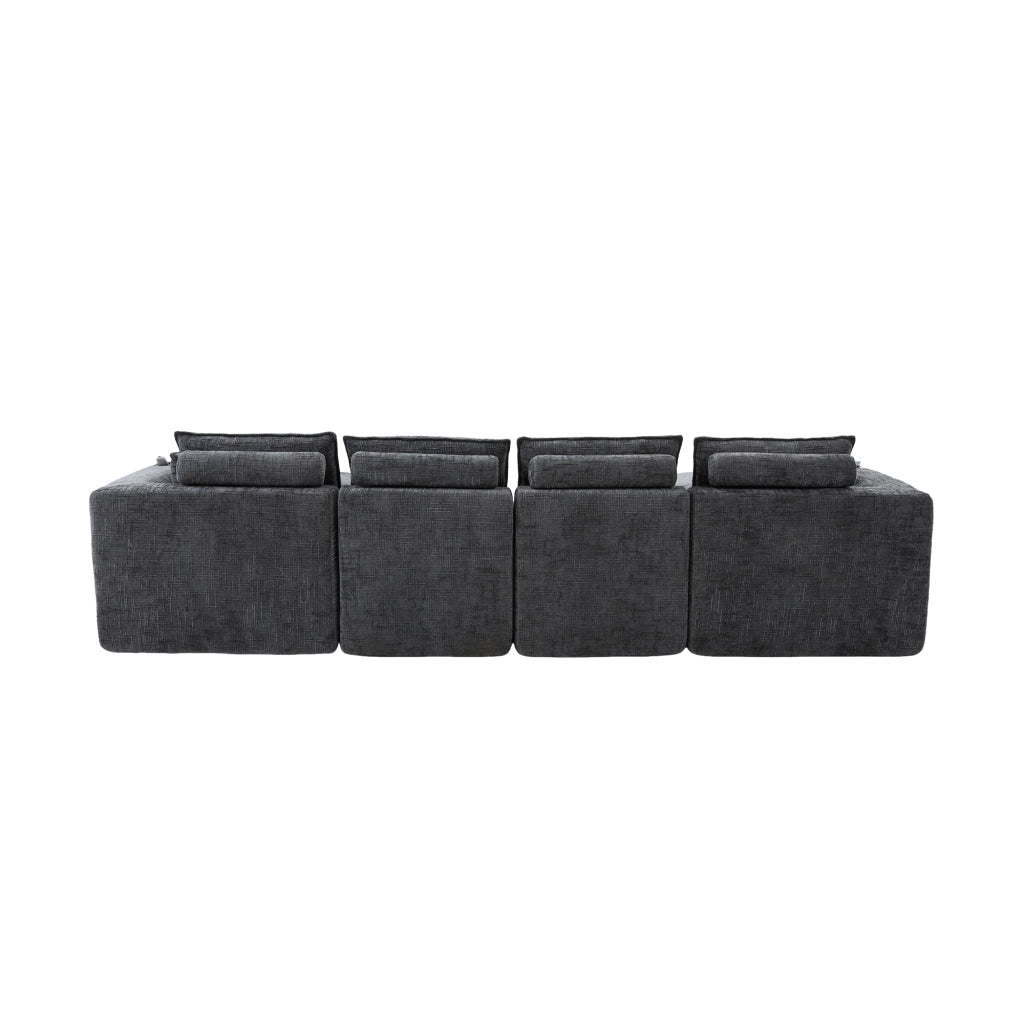 Divano modulare 4 posti con 2 pouf in ciniglia grigia; 322x161x75 cm