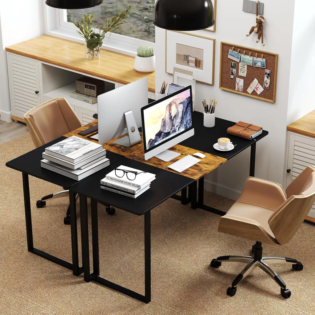 Scrivania per computer in stile industriale, 160 x 60 x 75,5 cm, grande tavolo da lavoro con telaio in metallo, per ufficio, studio, sala da pranzo (nero+marrone)