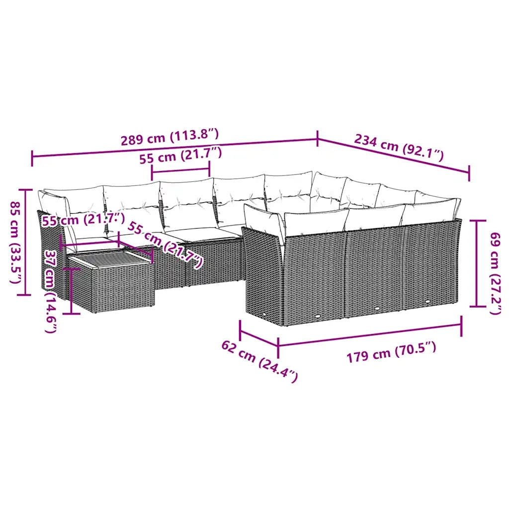 Set Divani da Giardino 11 pz con Cuscini in Polyrattan Grigio 3256180
