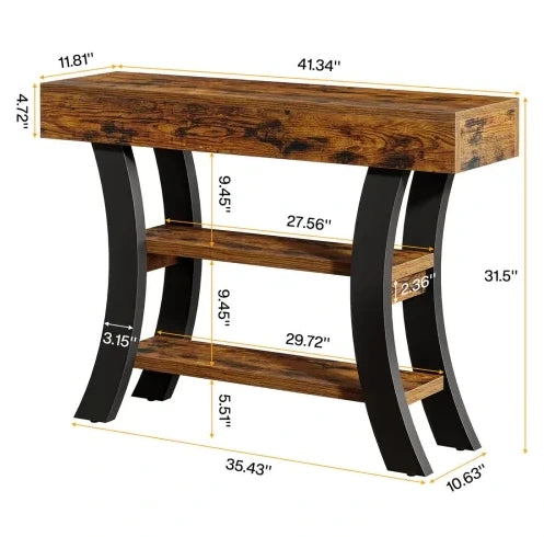 Consolle ULEVR 105x30x80 cm con 3 ripiani aperti, struttura in MDF e metallo, nero e marrone rustico
