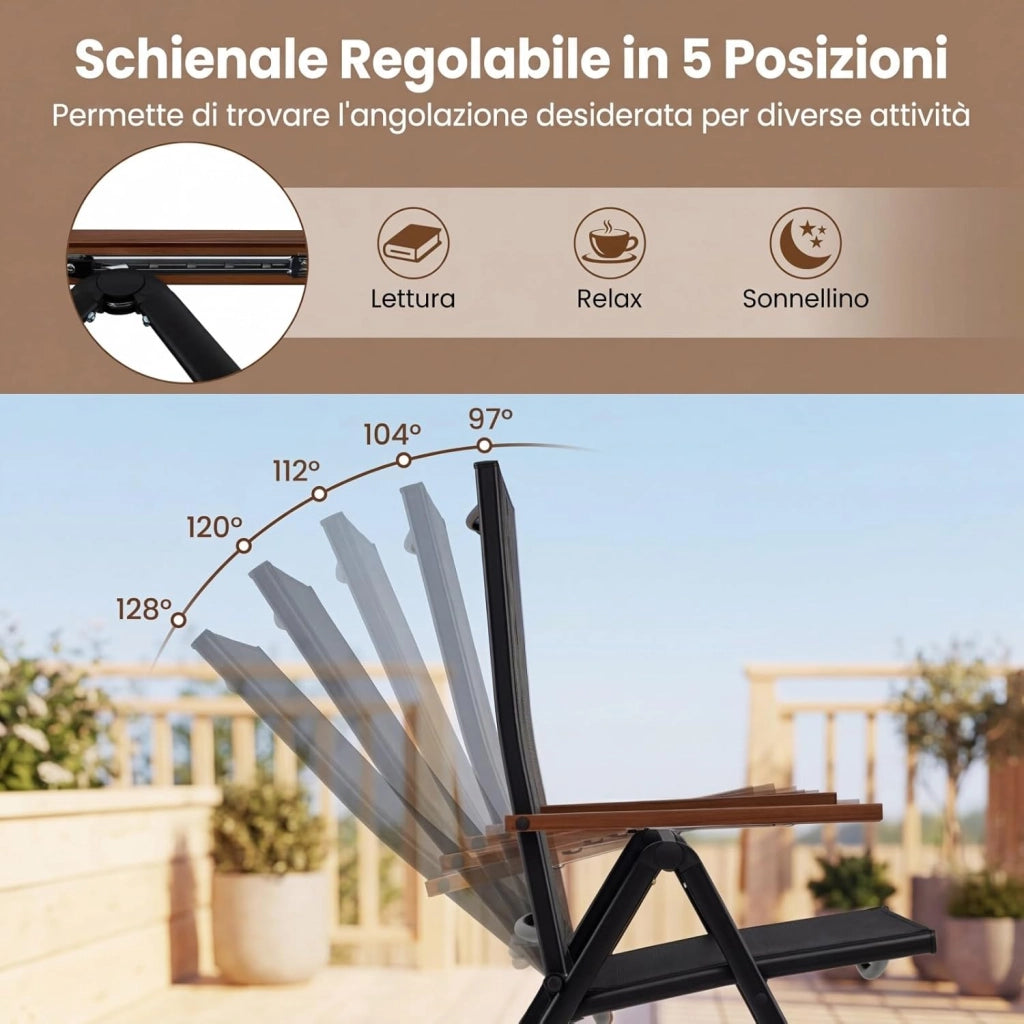 Set di 2/4 Sedie da Giardino Pieghevole, Struttura in Metallo, Poltrona in Tessuto Traspirante, Schienale Regolabile, per Balcone, Giardino, Terrazzo, Portata 150 kg (4,Nero)