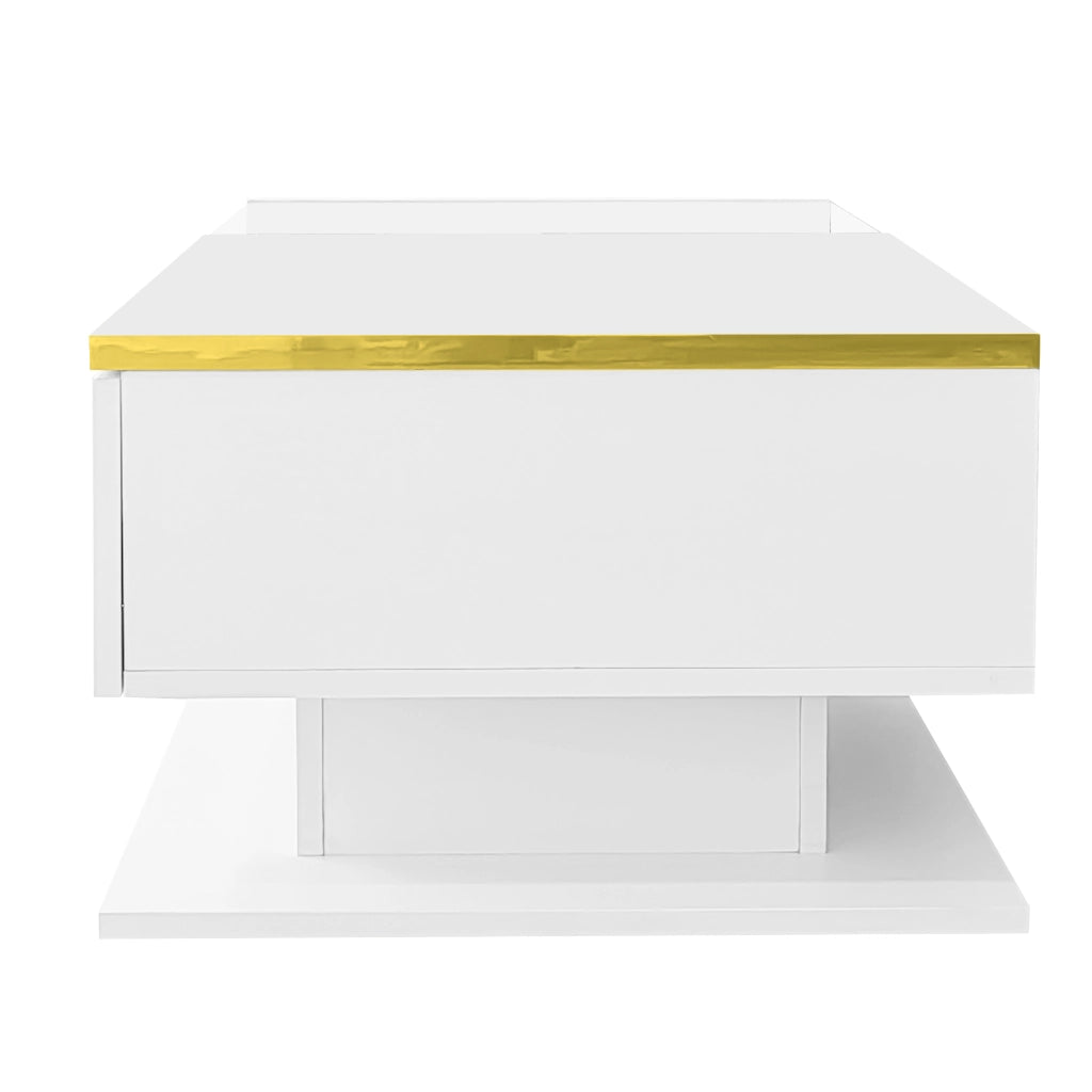Tavolino da caffè 90x50x32.5 cm; LED dimmerabile con vano contenitore; truciolare e vetro; bianco