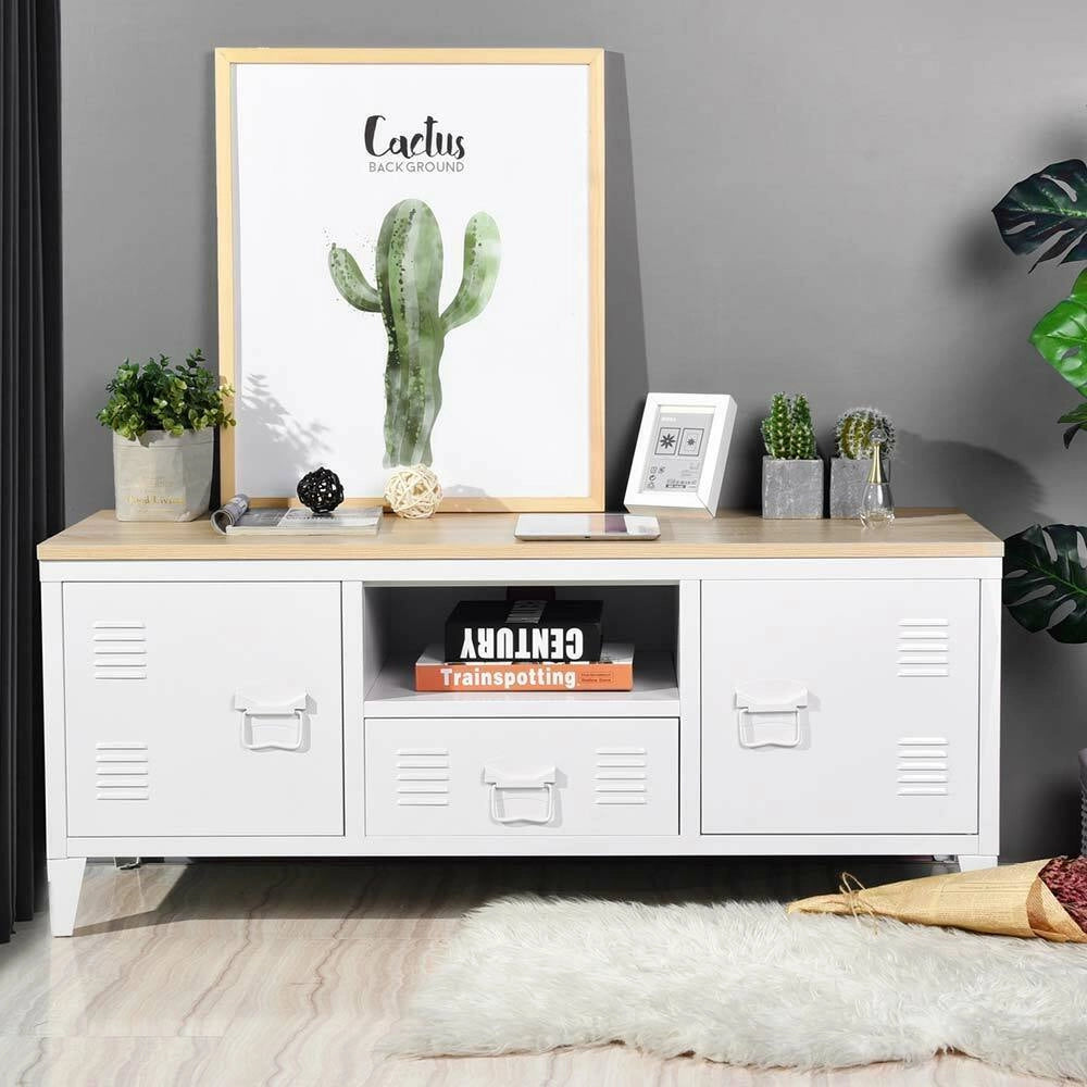 Armadietto Mobiletto TV con Cassetto Metallo MDF Mobile Televisione Moderno Bian